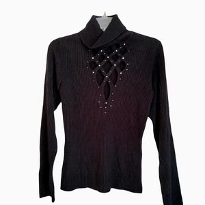 Open work knit ribbed black sweater with rhinestones. Newport News. Sz S